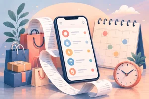 Illustration of stacked shopping bags beside a phone showing a tidy list of upcoming installment payments, with a calendar in the background
