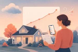 Illustration of a small house and a rising chart, with a calm homeowner reviewing a tidy list of bills on a phone