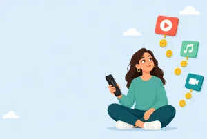 Illustration of someone reviewing streaming subscriptions as money drifts away from app icons